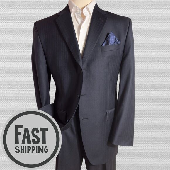 ALFANI Men’s 2-Piece Suit 44L Blazer 38x32 Pants Navy Blue Striped Virgin Wool - Picture 1 of 16